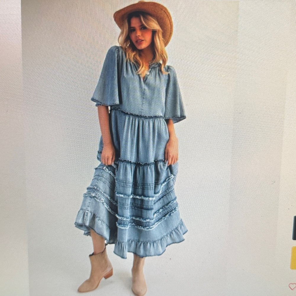 easel Washed denim dress with Ruffle Trim
